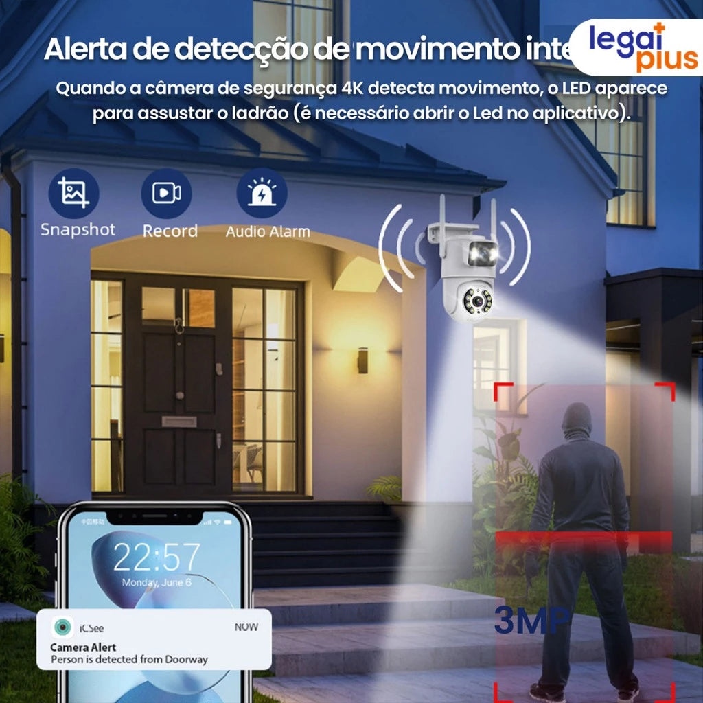 Câmera De Segurança Lente Dupla ICSEE IP66 Wi-Fi 360° Sensor Movimento Visão Noturna 2 em 1 Fixa + Giratória