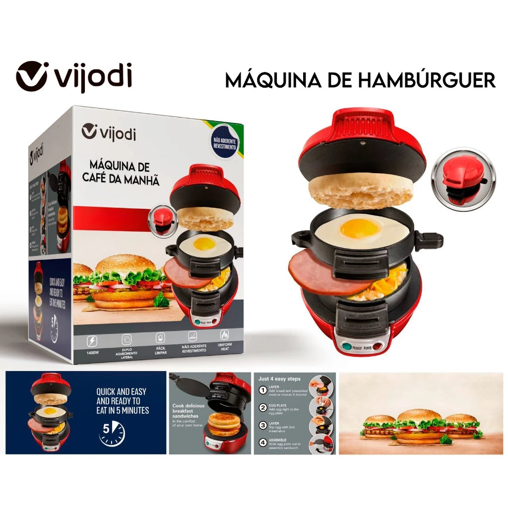 Maquina de Hambúrguer Sanduicheira 110v/220v Antiaderente Prensa Café da Manhã 1400W