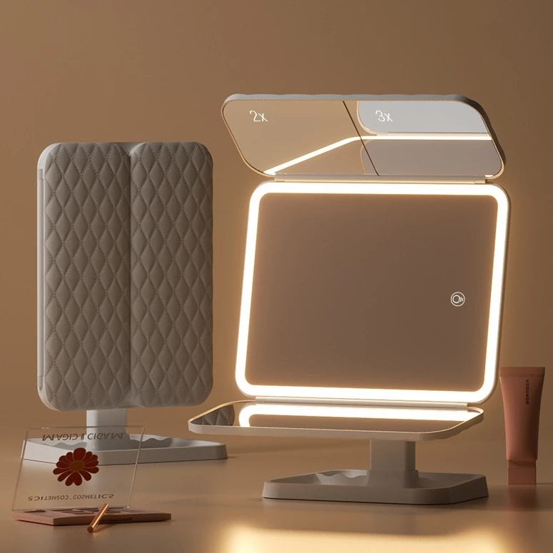 Espelho Maquiagem Aumento 2x/3x Camarim Iluminação Led Dobrável
