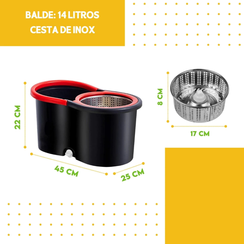 Mop Giratorio Com cabo de 140 cm Cesto Em Inox Rodinhas - Balde Centrífuga - Com 2 Refil