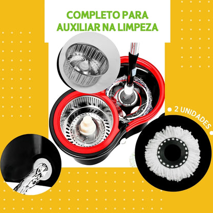 Mop Giratorio Com cabo de 140 cm Cesto Em Inox Rodinhas - Balde Centrífuga - Com 2 Refil