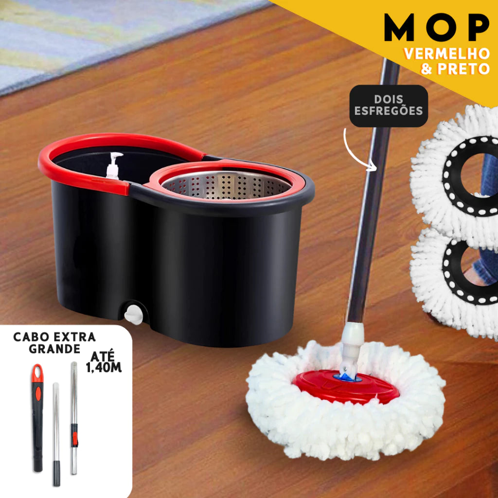 Mop Giratorio Com cabo de 140 cm Cesto Em Inox Rodinhas - Balde Centrífuga - Com 2 Refil