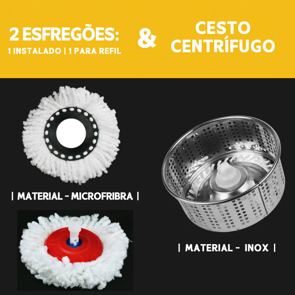 Mop Giratorio Com cabo de 140 cm Cesto Em Inox Rodinhas - Balde Centrífuga - Com 2 Refil