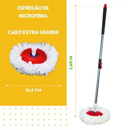 Mop Giratorio Com cabo de 140 cm Cesto Em Inox Rodinhas - Balde Centrífuga - Com 2 Refil