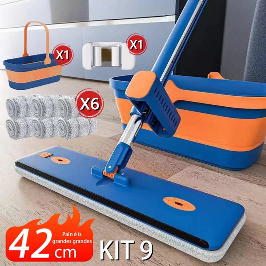 KIT Esfregão - Limpa SEM ENXÁGUE (Seco/Úmido) + Balde Dobrável com Raspador (Absorve Tudo!) - Kit com 09 Itens